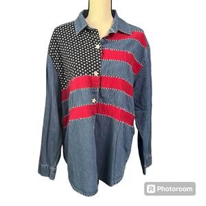 Carolina Blues Embroidered USA America Flag Denim Shirt Sz XL Fourth of July